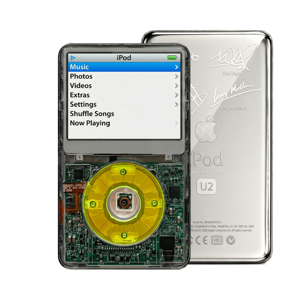 Clear Gray refurbished iPod Video 5.5 Gen with Clear Green click wheel and Silver U2 back plate