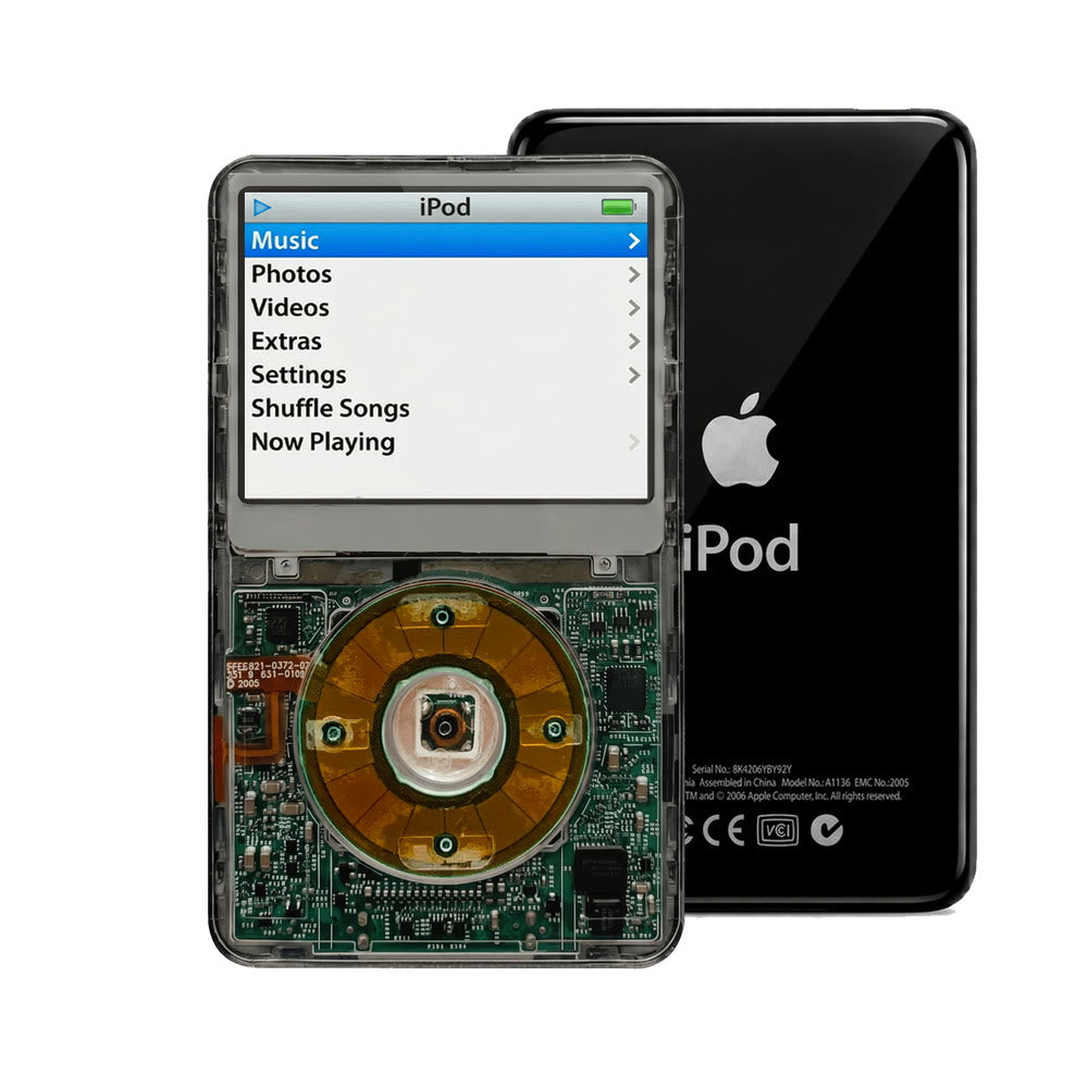 Clear Gray refurbished iPod Video 5.5 Gen with Clear Gray click wheel and Black back plate
