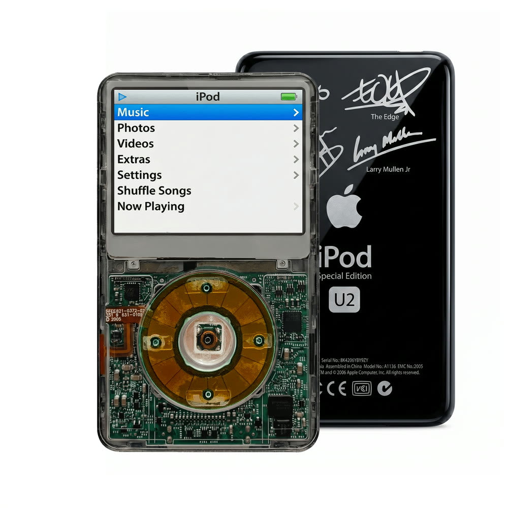 Clear Gray refurbished iPod Video 5.5 Gen with Clear Gray click wheel and Black U2 back plate