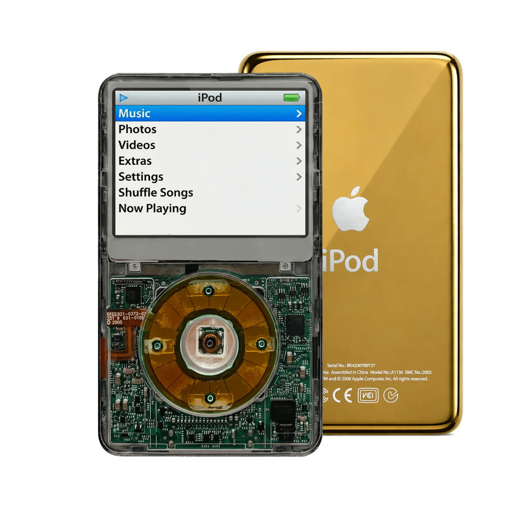 Clear Gray refurbished iPod Video 5.5 Gen with Clear Gray click wheel and Gold back plate