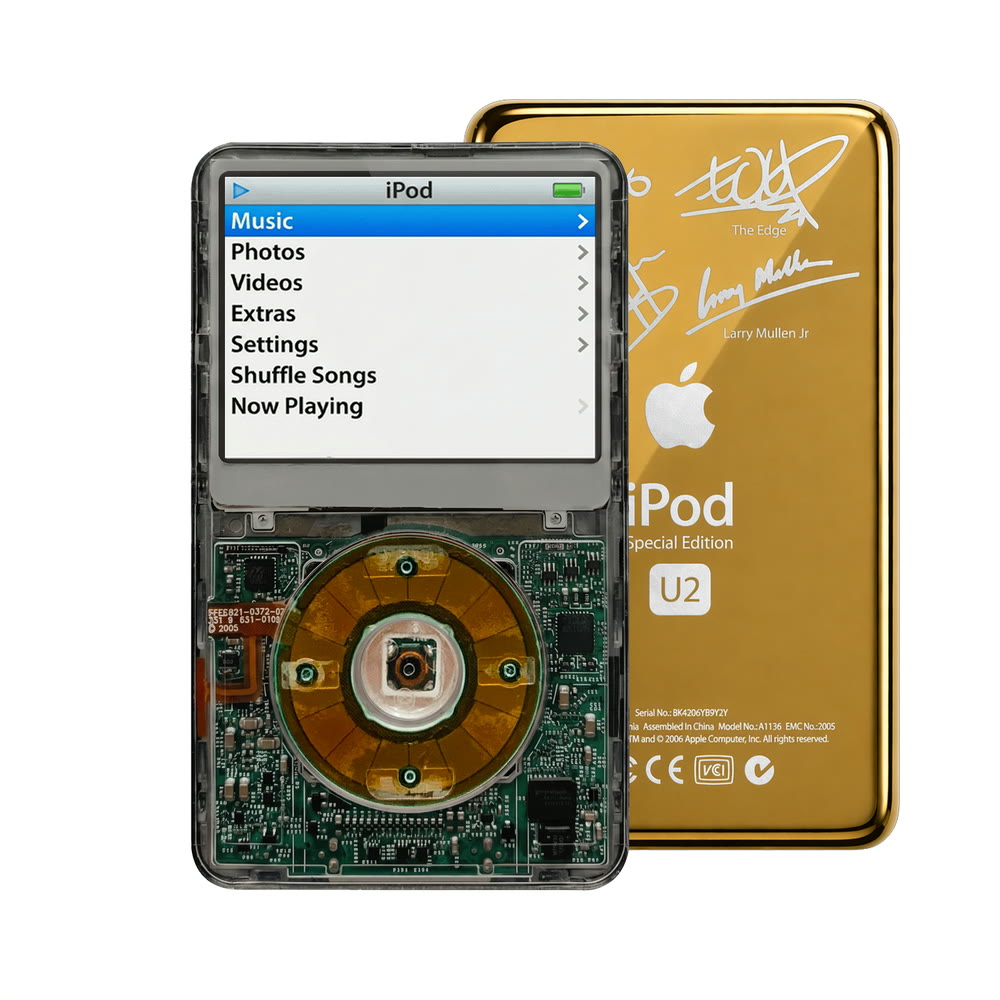 Clear Gray refurbished iPod Video 5.5 Gen with Clear Gray click wheel and Gold U2 back plate