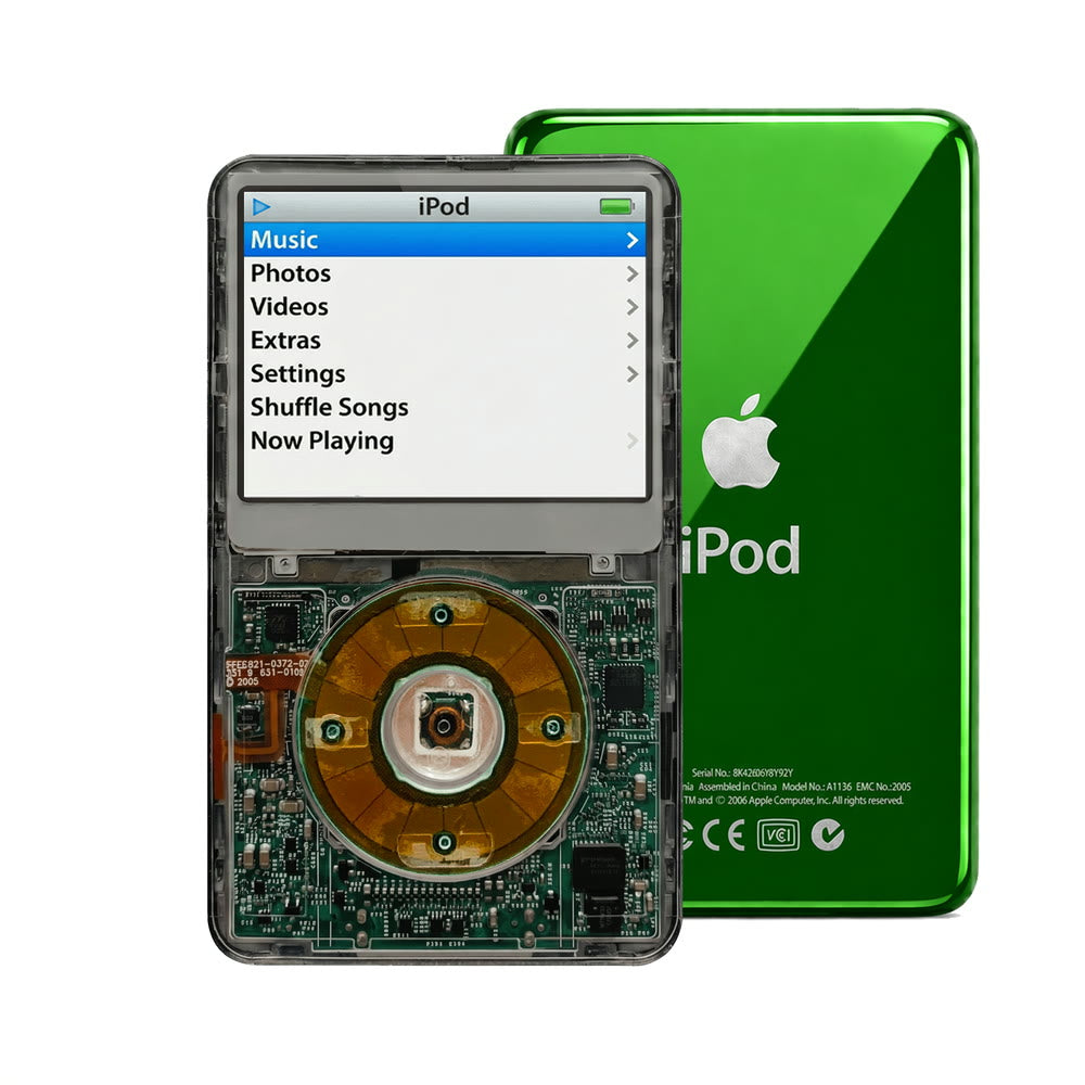 Clear Gray refurbished iPod Video 5.5 Gen with Clear Gray click wheel and Green back plate