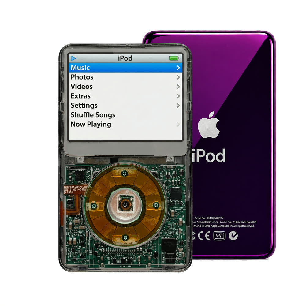 Clear Gray refurbished iPod Video 5.5 Gen with Clear Gray click wheel and Purple back plate