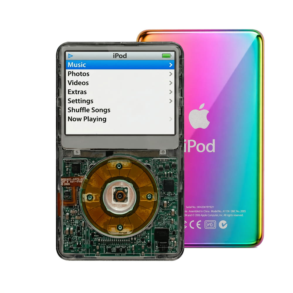 Clear Gray refurbished iPod Video 5.5 Gen with Clear Gray click wheel and Rainbow back plate