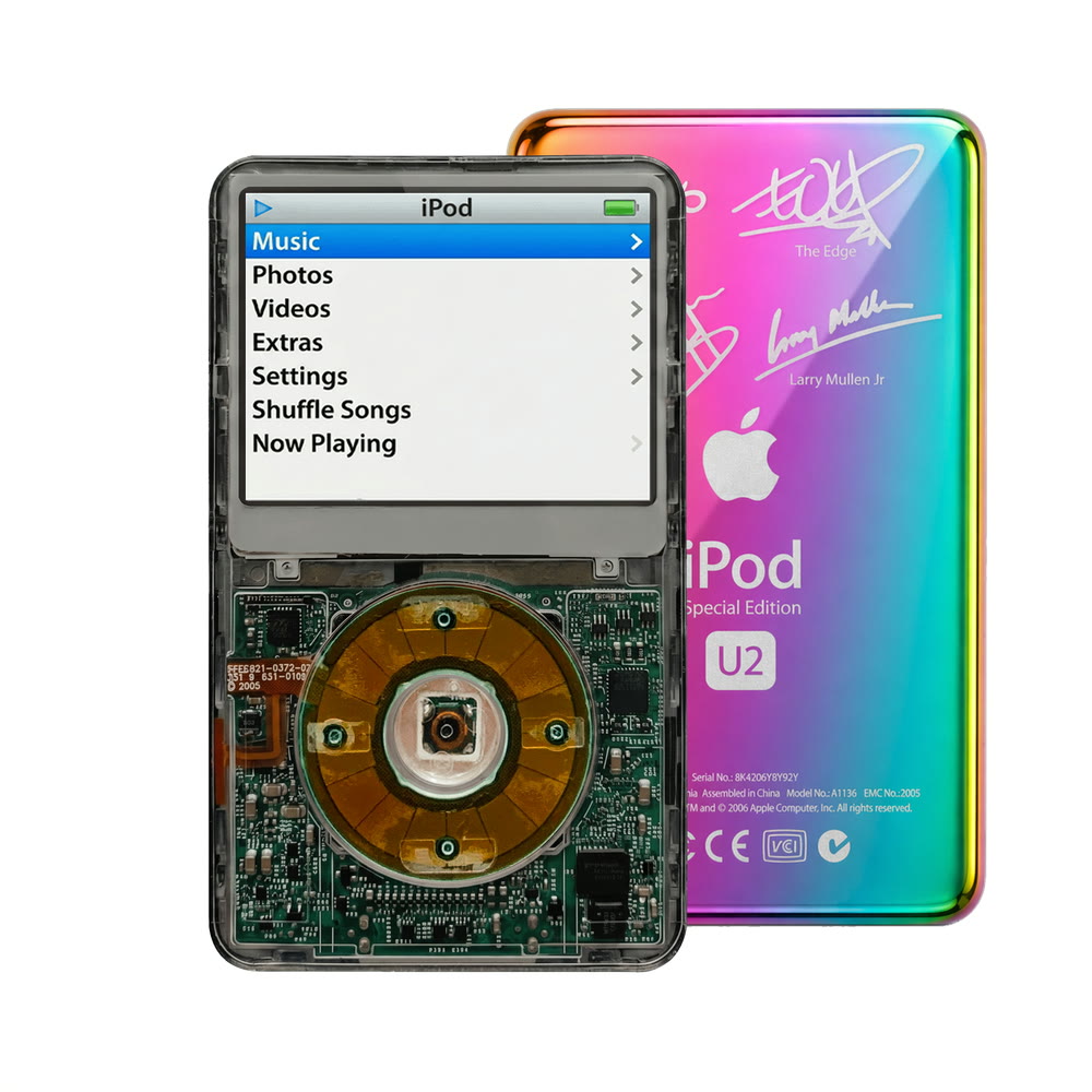 Clear Gray refurbished iPod Video 5.5 Gen with Clear Gray click wheel and Rainbow U2 back plate