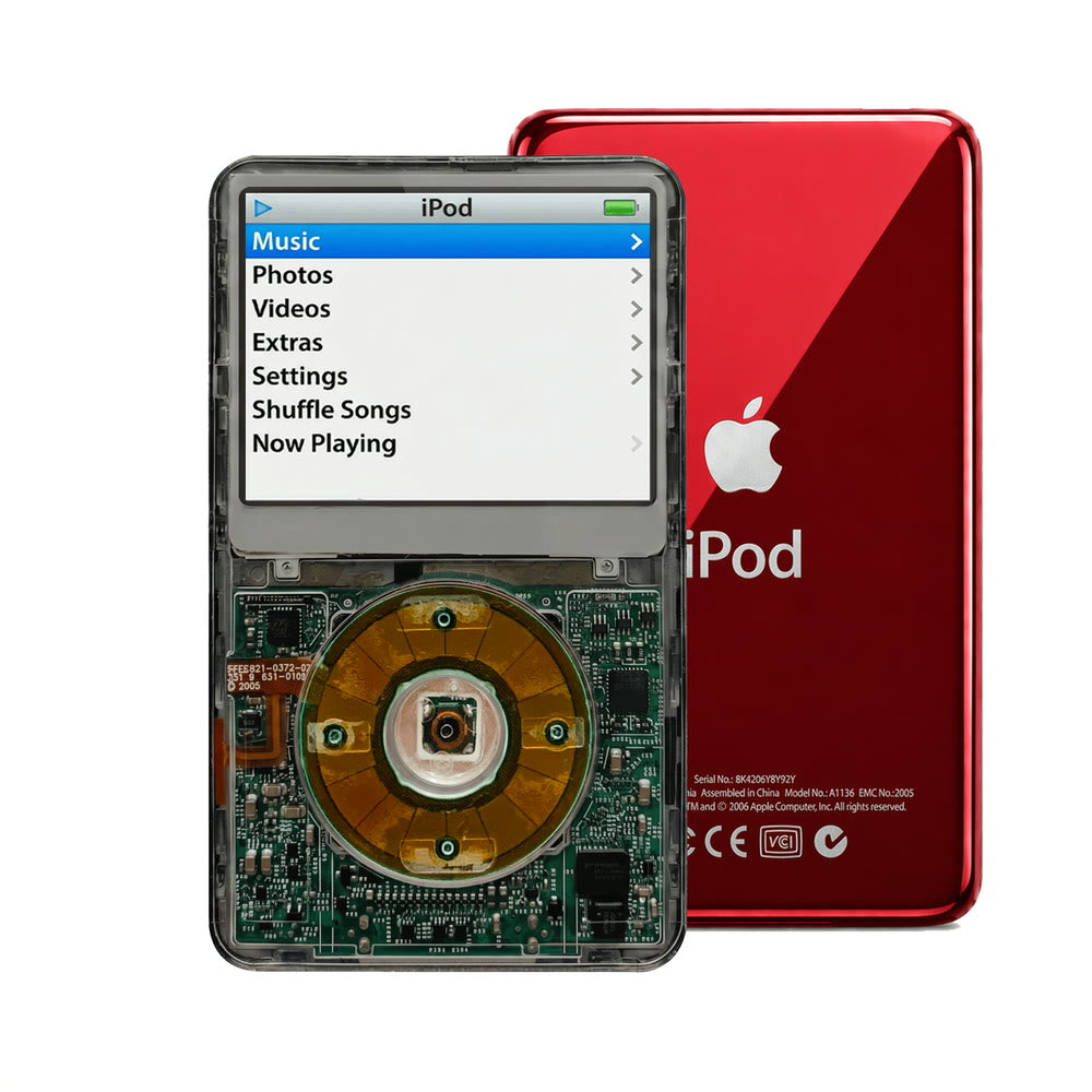Clear Gray refurbished iPod Video 5.5 Gen with Clear Gray click wheel and Red back plate
