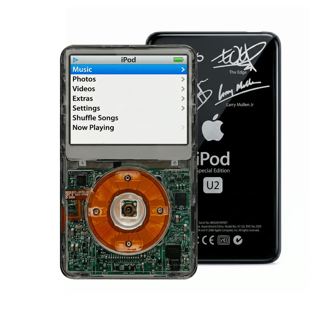 Clear Gray refurbished iPod Video 5.5 Gen with Clear click wheel and Black U2 back plate