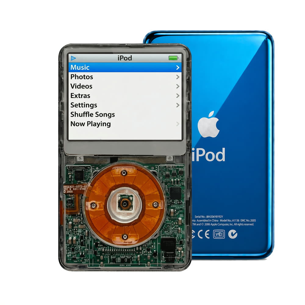 Clear Gray refurbished iPod Video 5.5 Gen with Clear click wheel and Blue back plate