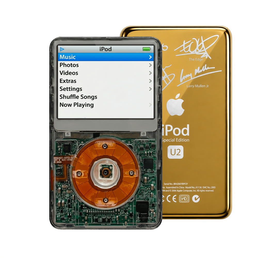 Clear Gray refurbished iPod Video 5.5 Gen with Clear click wheel and Gold U2 back plate