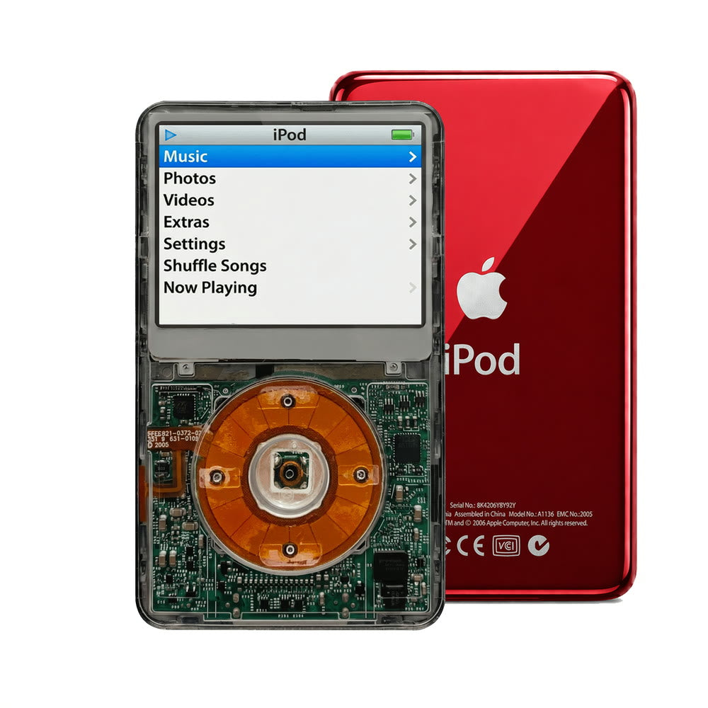 Clear Gray refurbished iPod Video 5.5 Gen with Clear click wheel and Red back plate