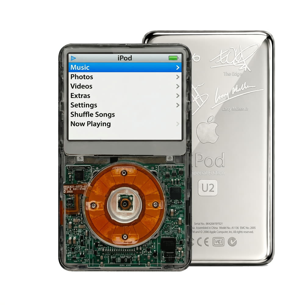 Clear Gray refurbished iPod Video 5.5 Gen with Clear click wheel and Silver U2 back plate