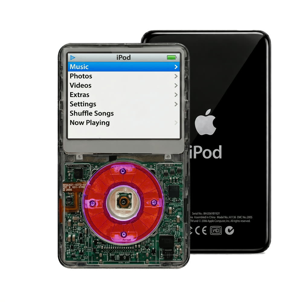 Clear Gray refurbished iPod Video 5.5 Gen with Clear Purple click wheel and Black back plate