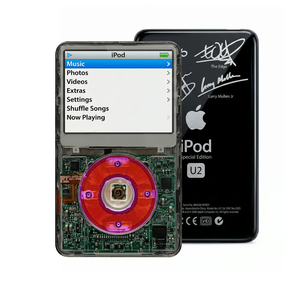 Clear Gray refurbished iPod Video 5.5 Gen with Clear Purple click wheel and Black U2 back plate