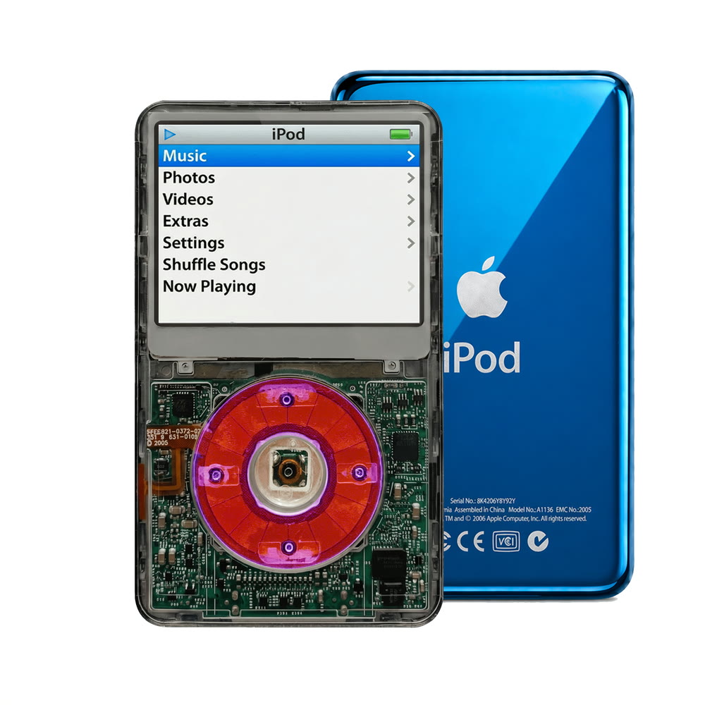 Clear Gray refurbished iPod Video 5.5 Gen with Clear Purple click wheel and Blue back plate