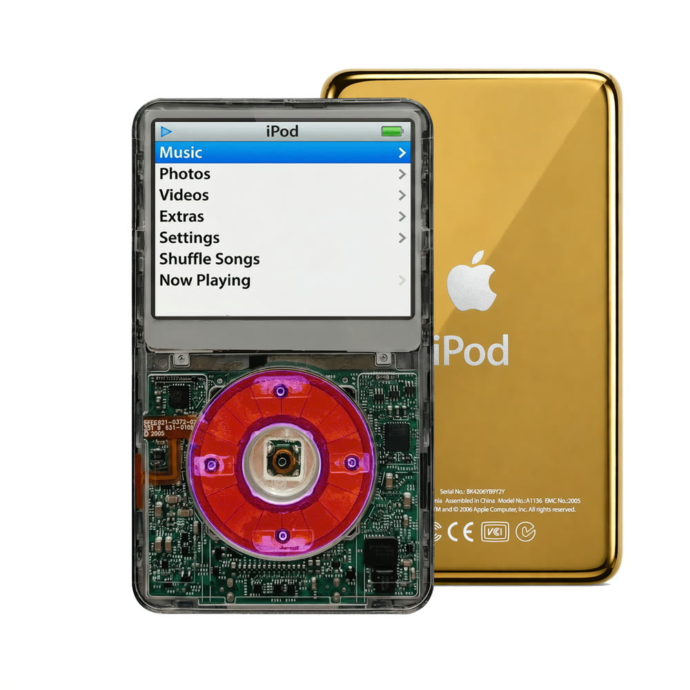 Clear Gray refurbished iPod Video 5.5 Gen with Clear Purple click wheel and Gold back plate