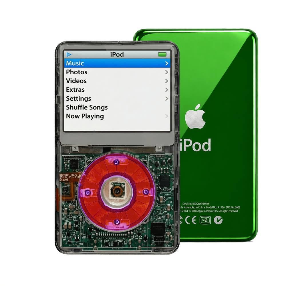 Clear Gray refurbished iPod Video 5.5 Gen with Clear Purple click wheel and Green back plate