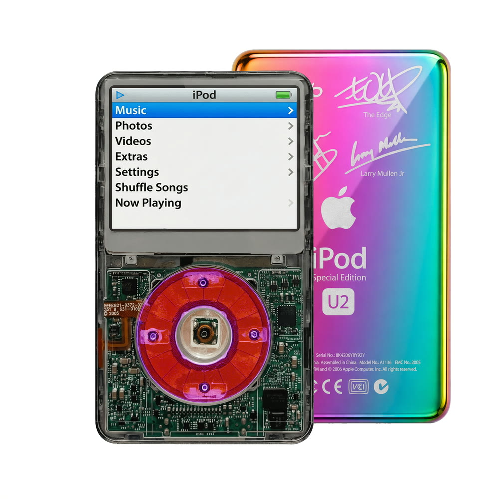 Clear Gray refurbished iPod Video 5.5 Gen with Clear Purple click wheel and Rainbow U2 back plate