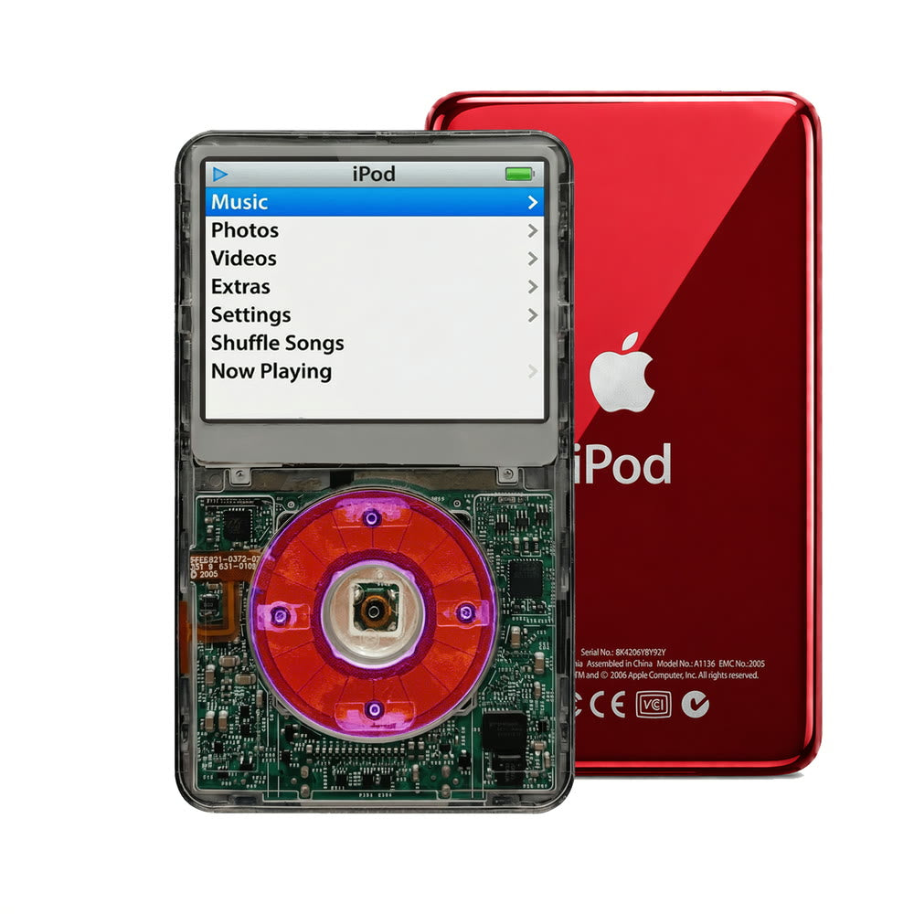 Clear Gray refurbished iPod Video 5.5 Gen with Clear Purple click wheel and Red back plate