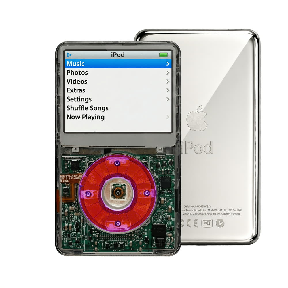 Clear Gray refurbished iPod Video 5.5 Gen with Clear Purple click wheel and Silver back plate
