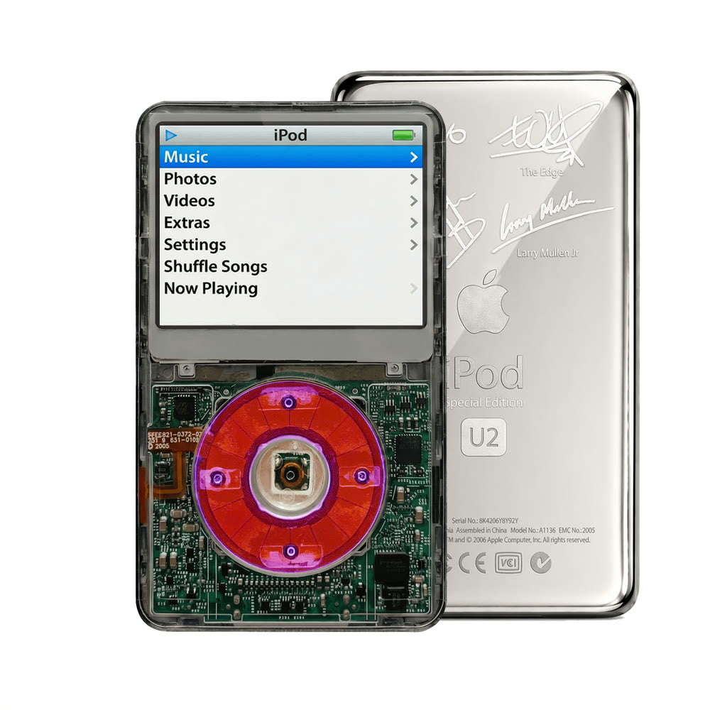 Clear Gray refurbished iPod Video 5.5 Gen with Clear Purple click wheel and Silver U2 back plate