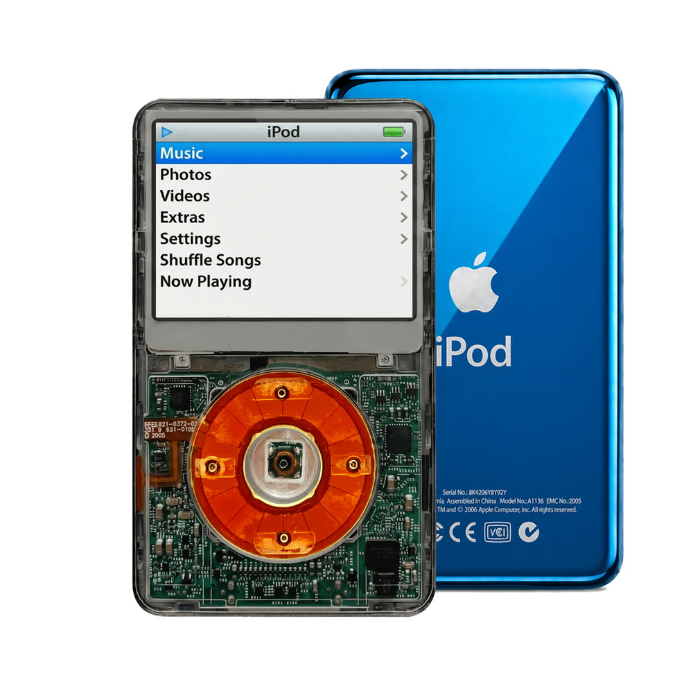 Clear Gray refurbished iPod Video 5.5 Gen with Clear Red click wheel and Blue back plate