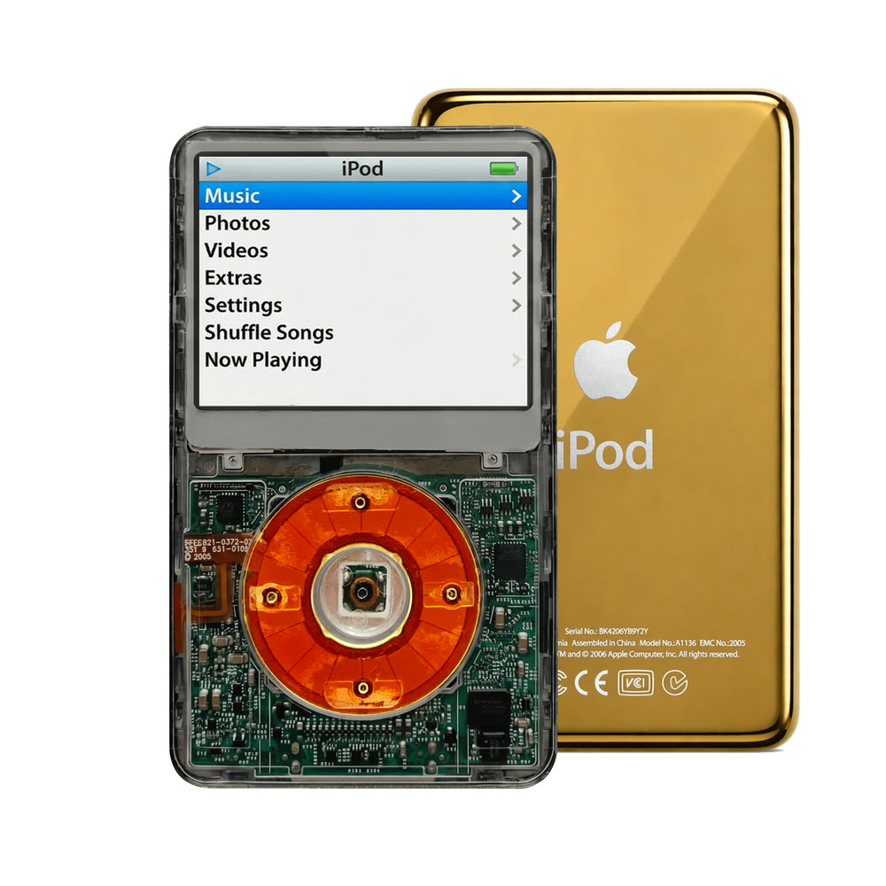 Clear Gray refurbished iPod Video 5.5 Gen with Clear Red click wheel and Gold back plate