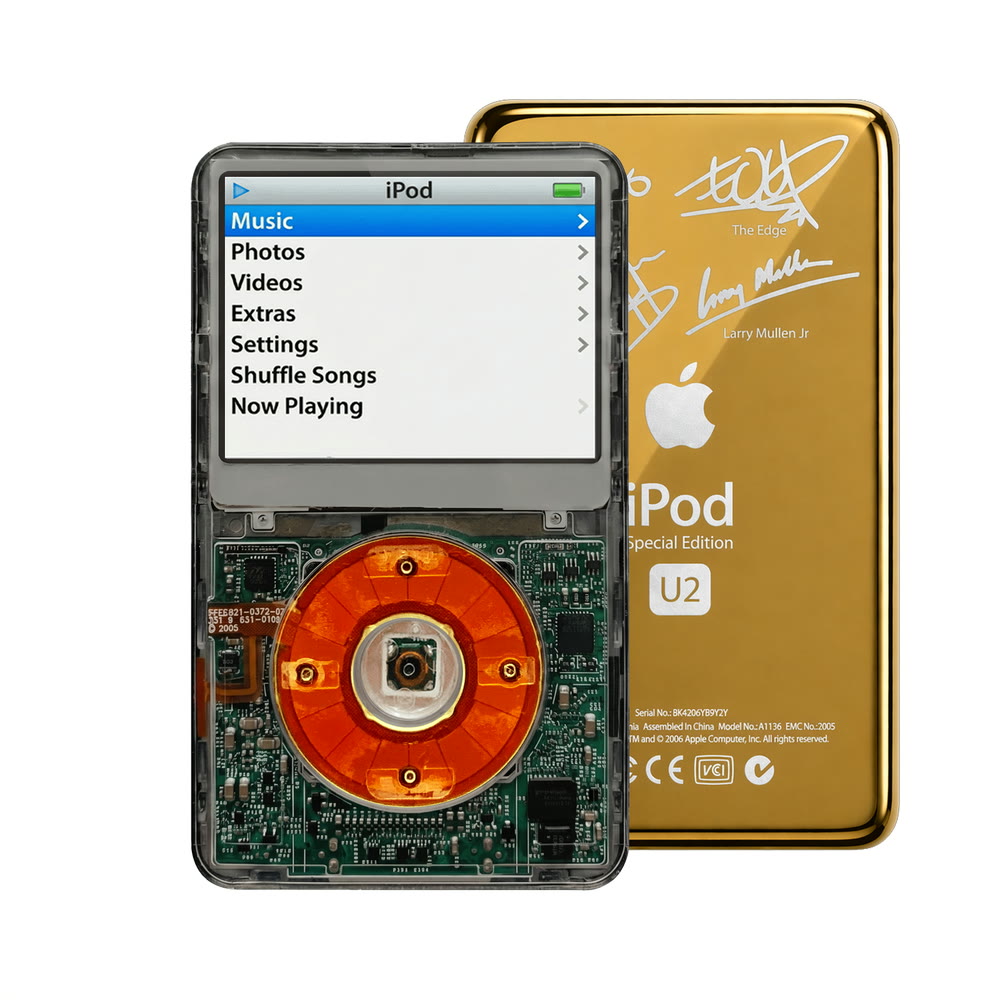 Clear Gray refurbished iPod Video 5.5 Gen with Clear Red click wheel and Gold U2 back plate