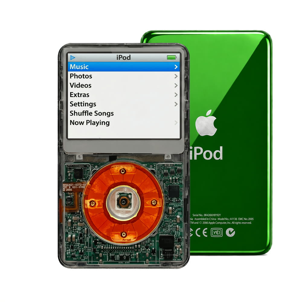 Clear Gray refurbished iPod Video 5.5 Gen with Clear Red click wheel and Green back plate