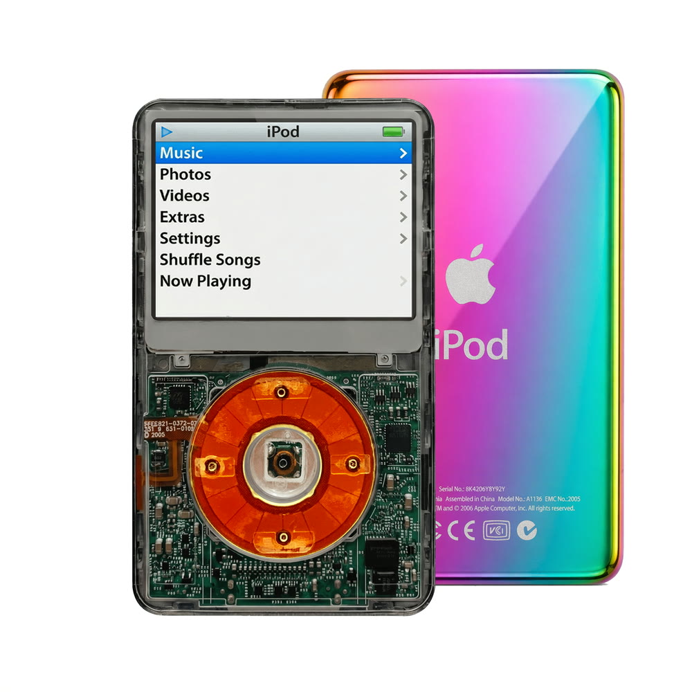 Clear Gray refurbished iPod Video 5.5 Gen with Clear Red click wheel and Rainbow back plate