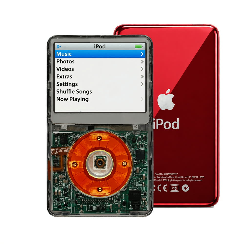 Clear Gray refurbished iPod Video 5.5 Gen with Clear Red click wheel and Red back plate