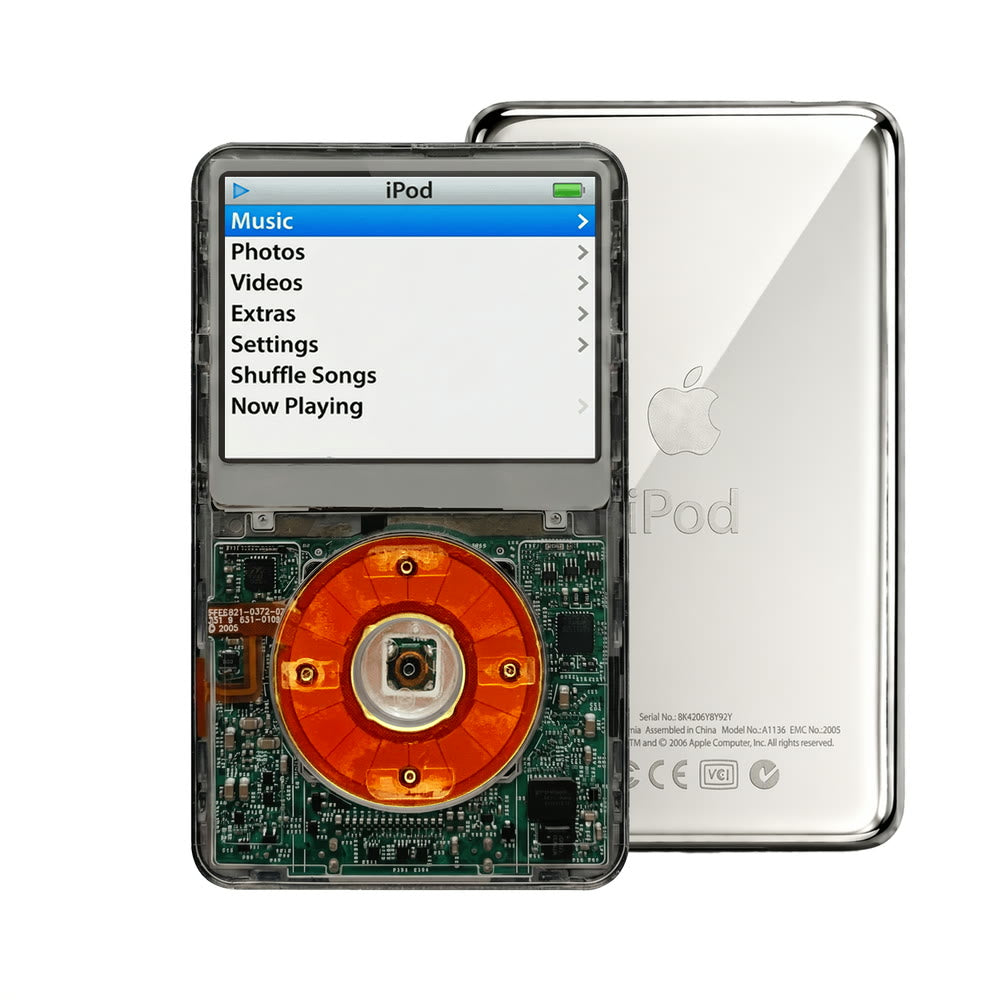 Clear Gray refurbished iPod Video 5.5 Gen with Clear Red click wheel and Silver back plate