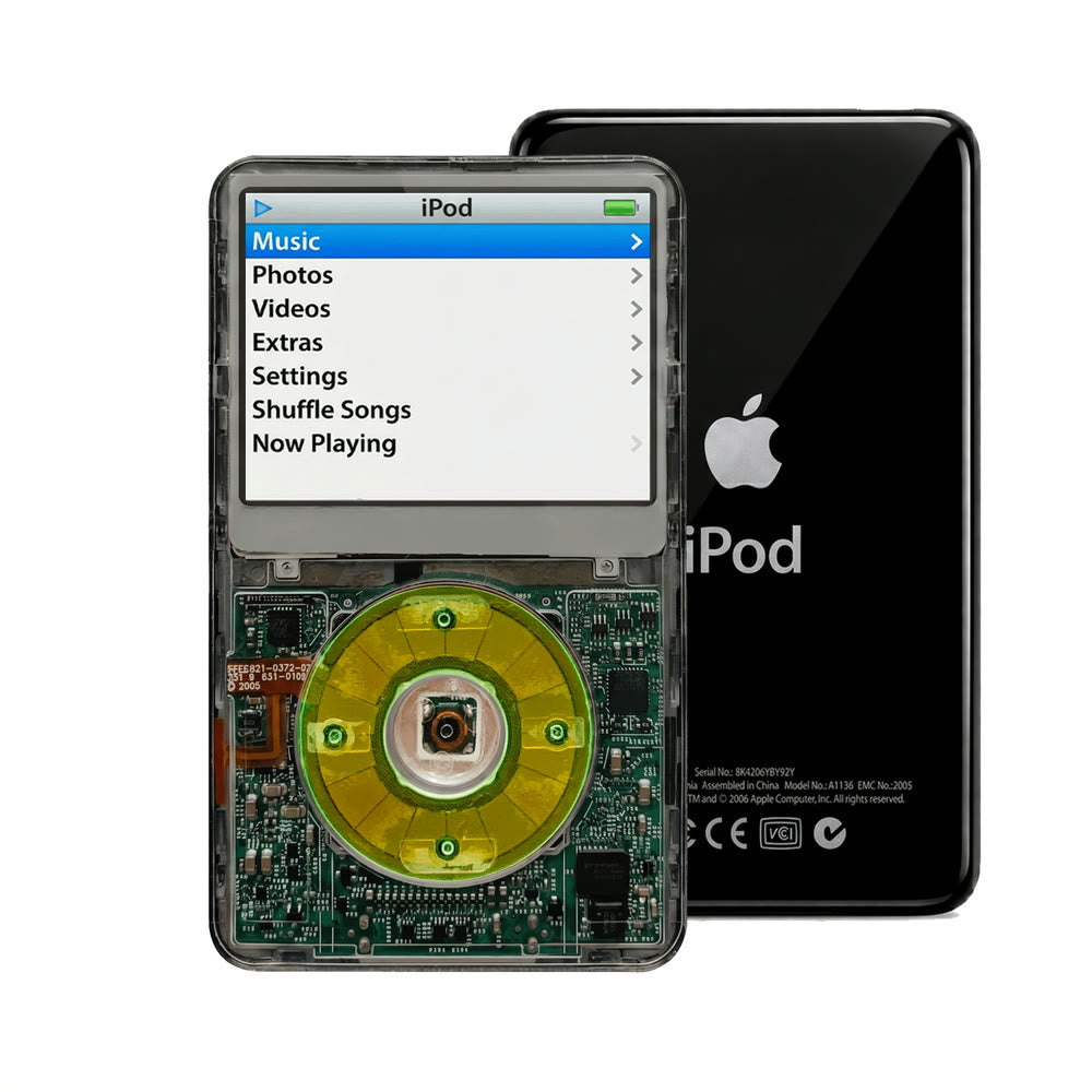 Clear Gray refurbished iPod Video 5.5 Gen with Clear Silver Green click wheel and Black back plate