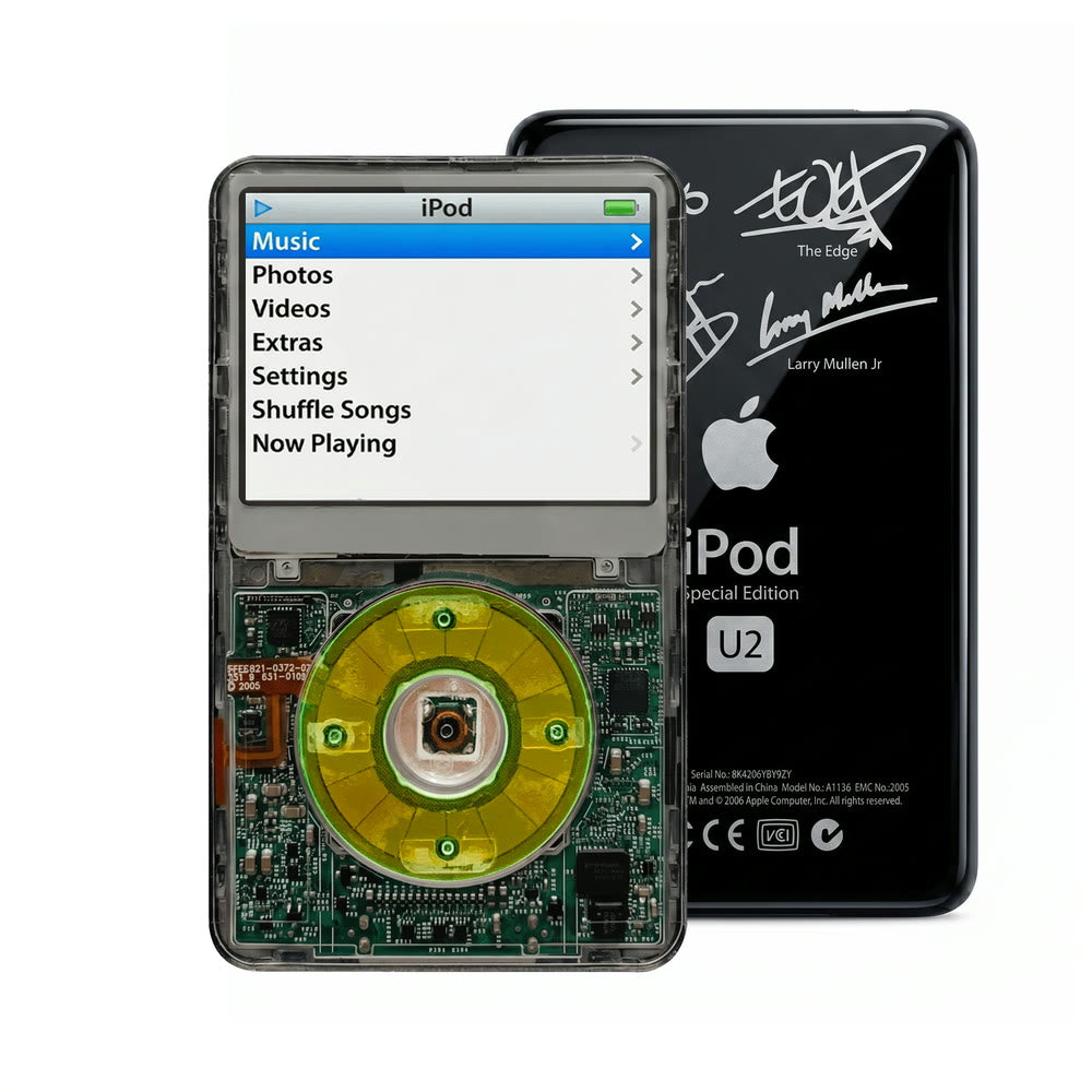 Clear Gray refurbished iPod Video 5.5 Gen with Clear Silver Green click wheel and Black U2 back plate