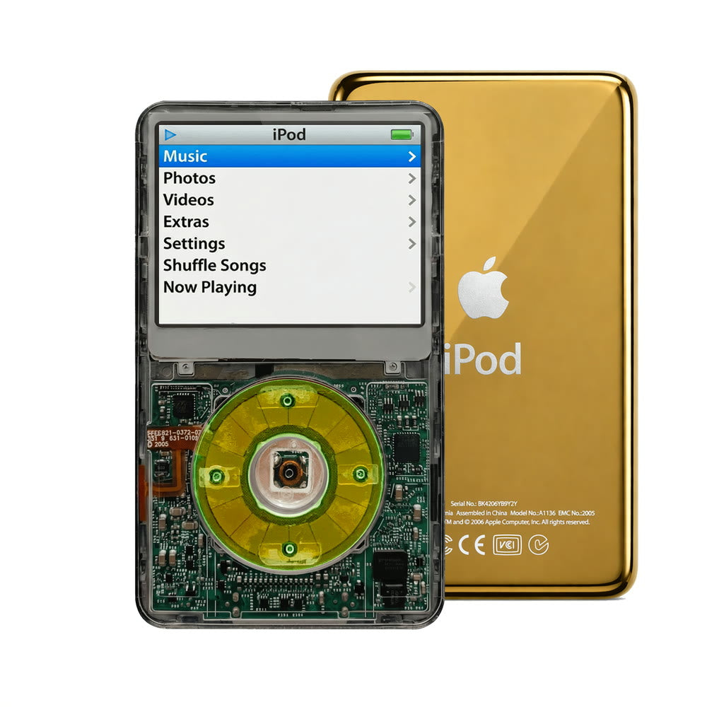 Clear Gray refurbished iPod Video 5.5 Gen with Clear Silver Green click wheel and Gold back plate