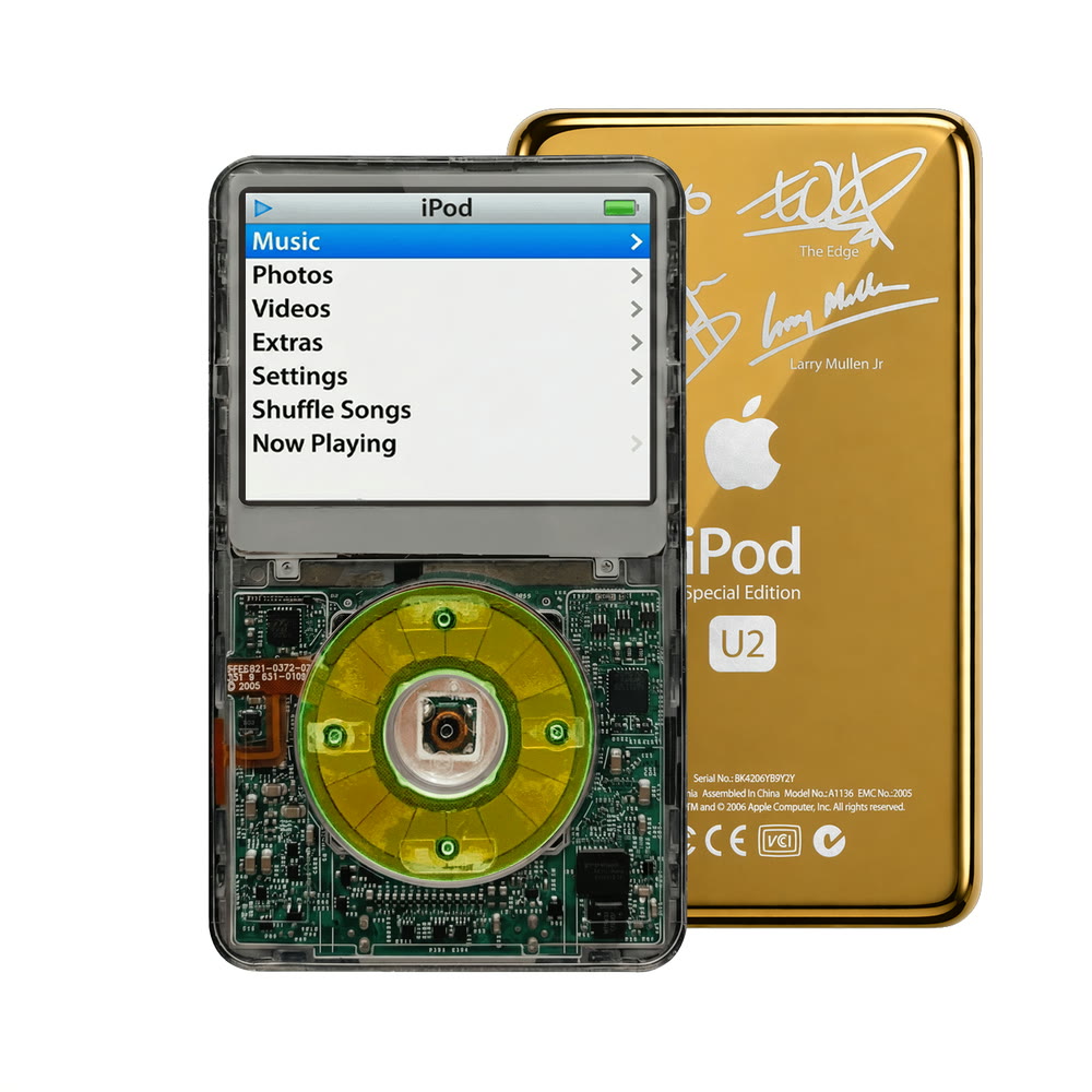 Clear Gray refurbished iPod Video 5.5 Gen with Clear Silver Green click wheel and Gold U2 back plate