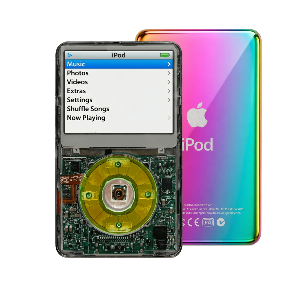 Clear Gray refurbished iPod Video 5.5 Gen with Clear Silver Green click wheel and Rainbow back plate