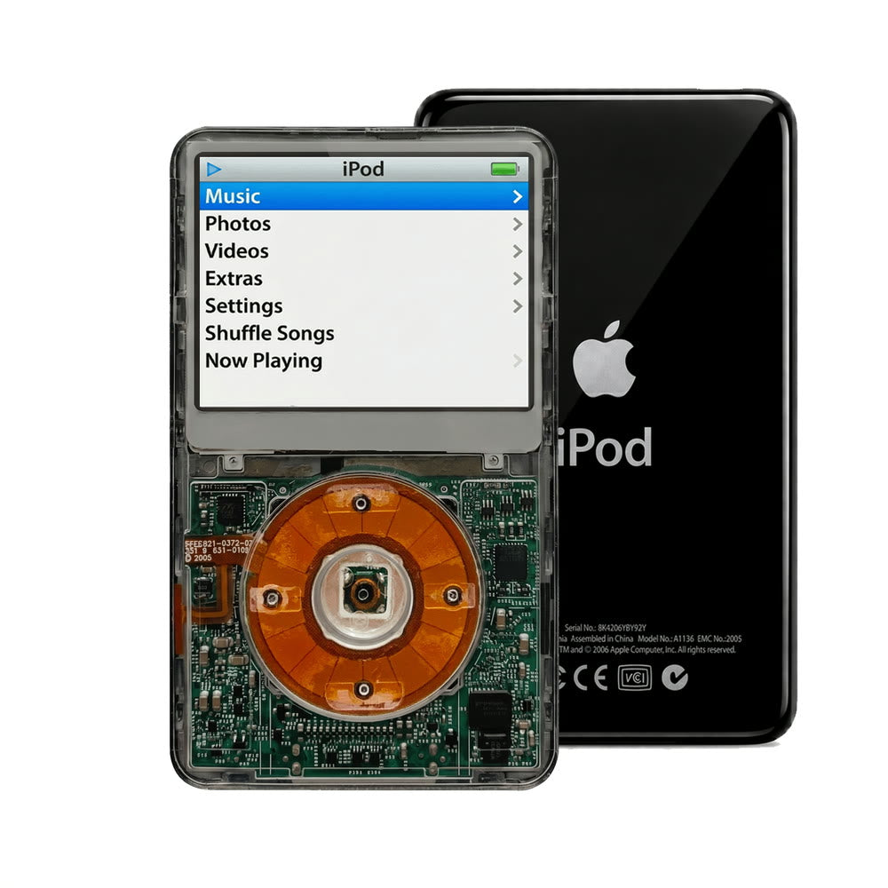 Clear Gray refurbished iPod Video 5.5 Gen with Clear Yellow click wheel and Black back plate