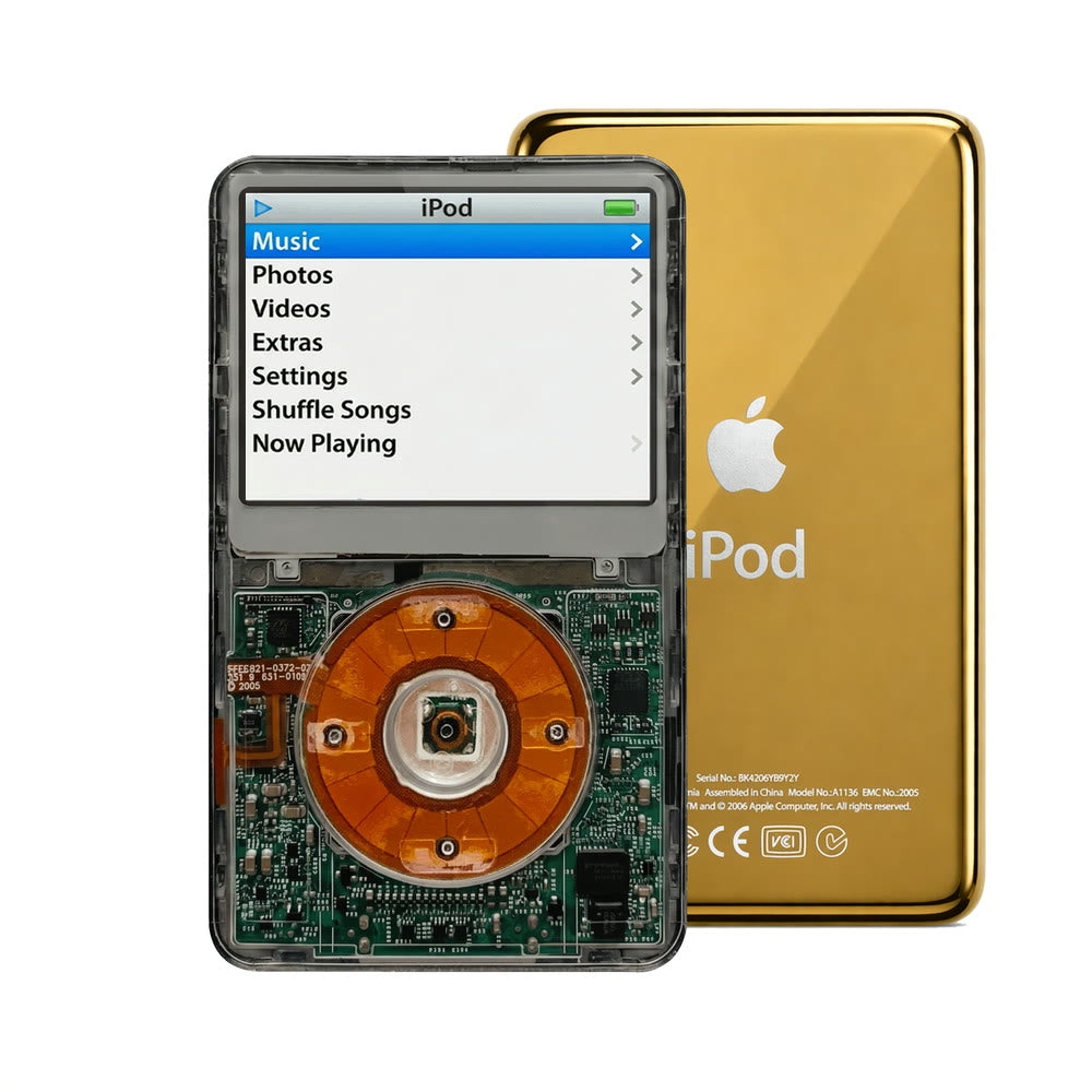 Clear Gray refurbished iPod Video 5.5 Gen with Clear Yellow click wheel and Gold back plate