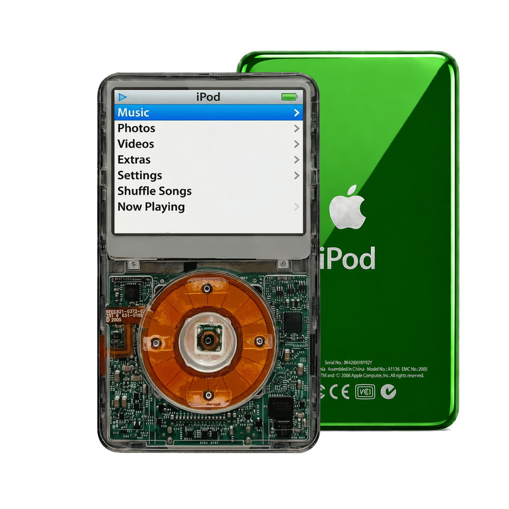Clear Gray refurbished iPod Video 5.5 Gen with Clear Yellow click wheel and Green back plate
