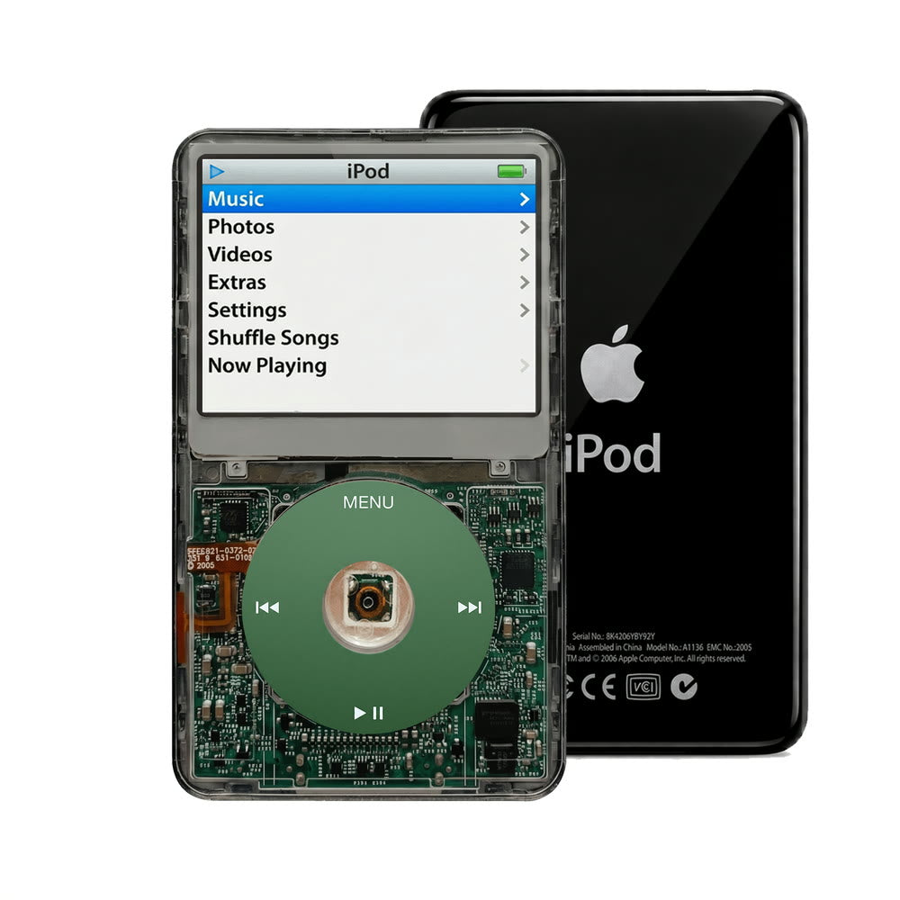 Clear Gray refurbished iPod Video 5.5 Gen with Green click wheel and Black back plate