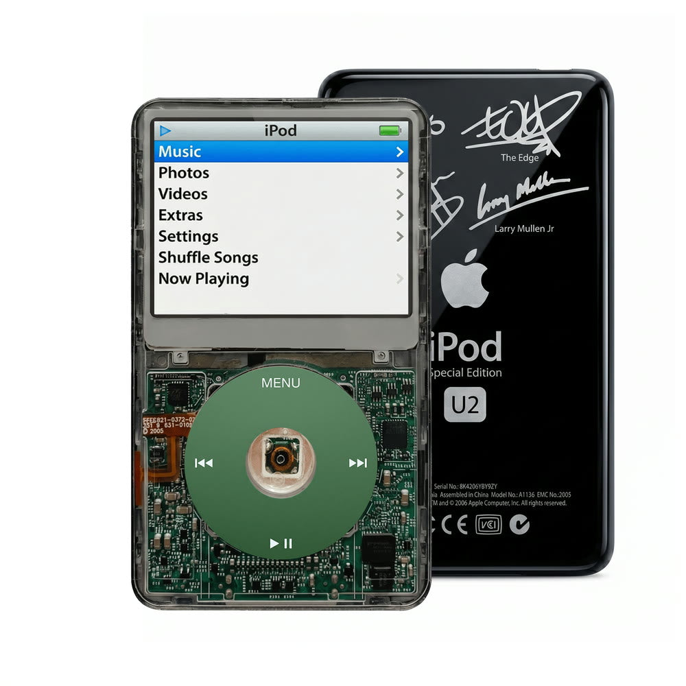 Clear Gray refurbished iPod Video 5.5 Gen with Green click wheel and Black U2 back plate