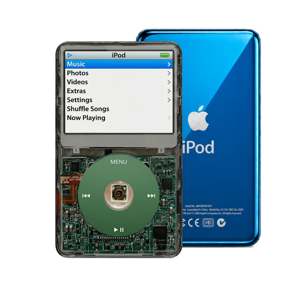 Clear Gray refurbished iPod Video 5.5 Gen with Green click wheel and Blue back plate