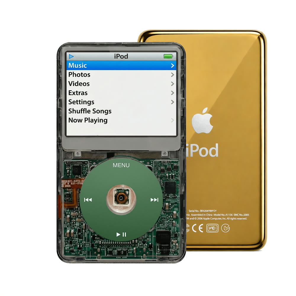 Clear Gray refurbished iPod Video 5.5 Gen with Green click wheel and Gold back plate