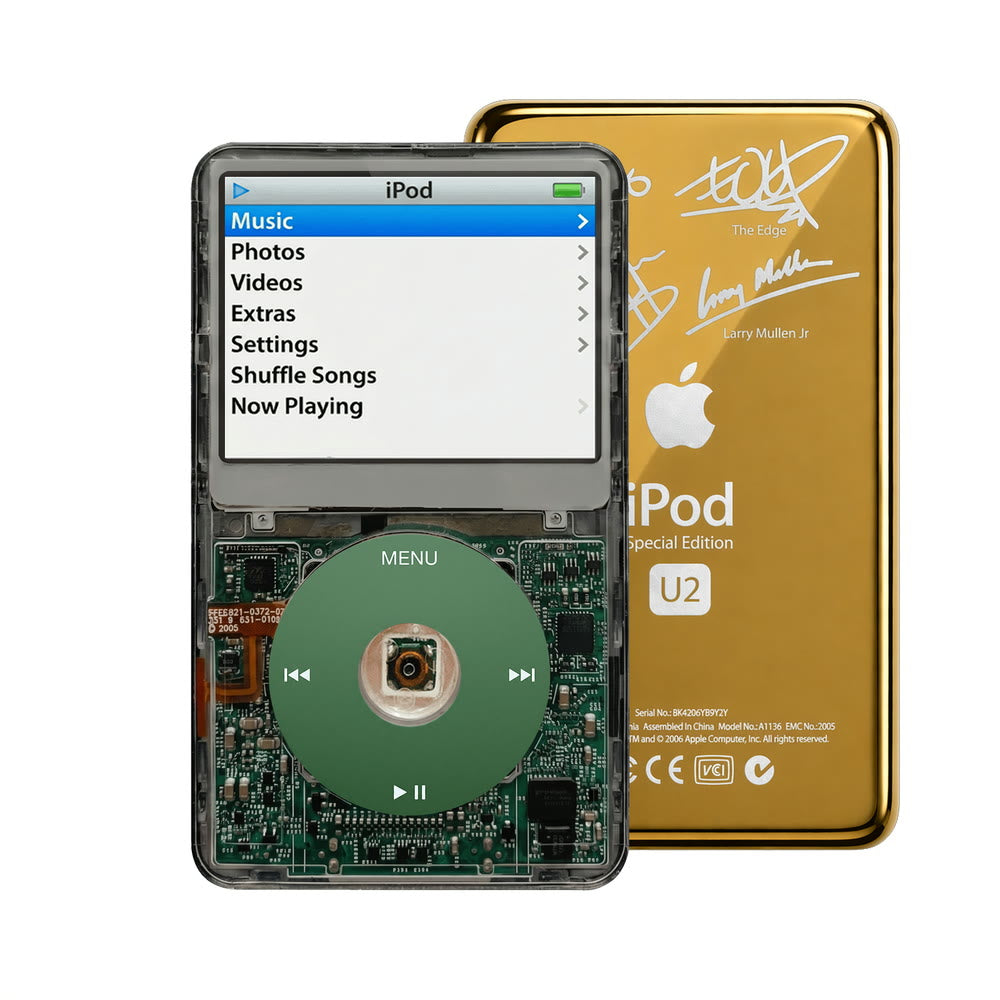 Clear Gray refurbished iPod Video 5.5 Gen with Green click wheel and Gold U2 back plate