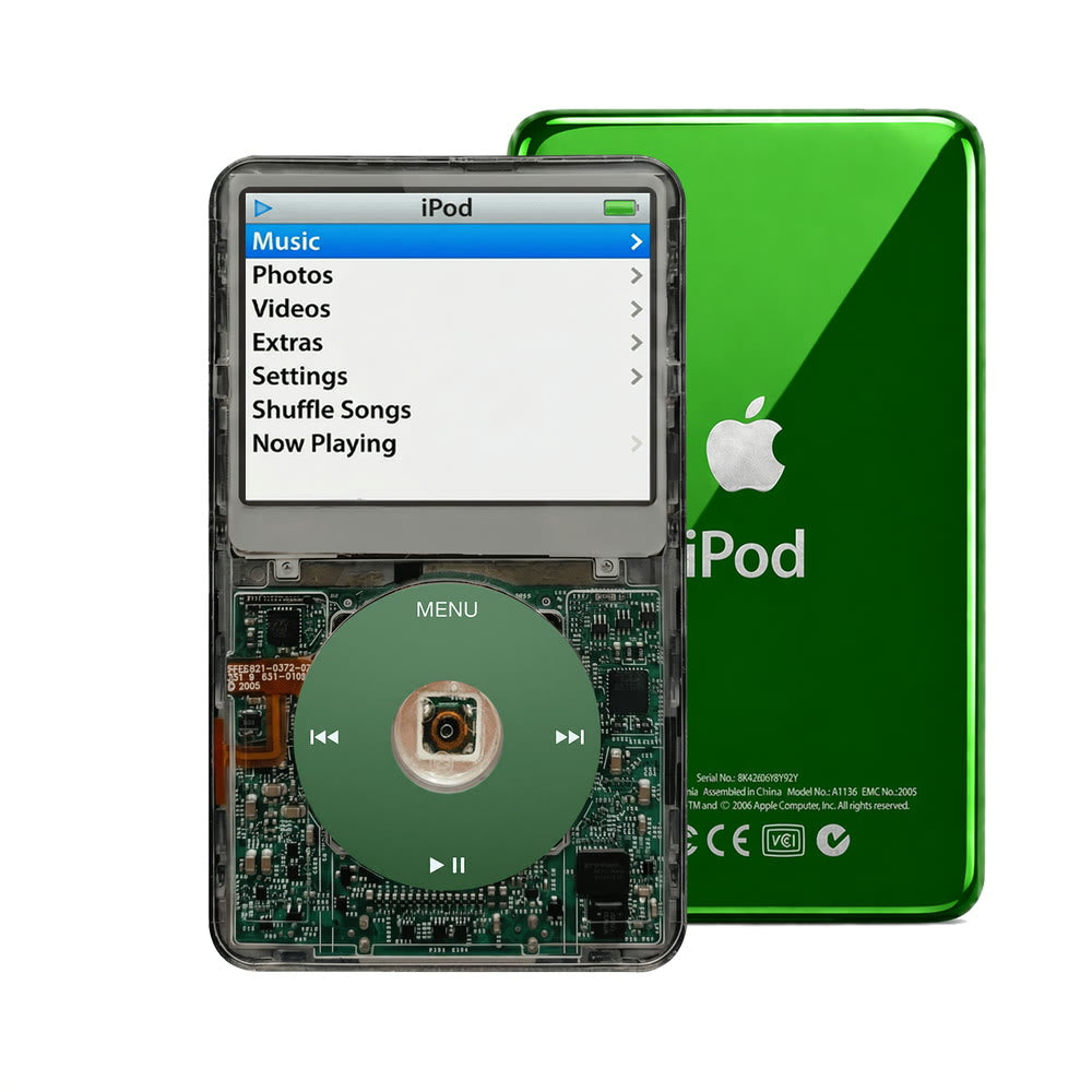 Clear Gray refurbished iPod Video 5.5 Gen with Green click wheel and Green back plate