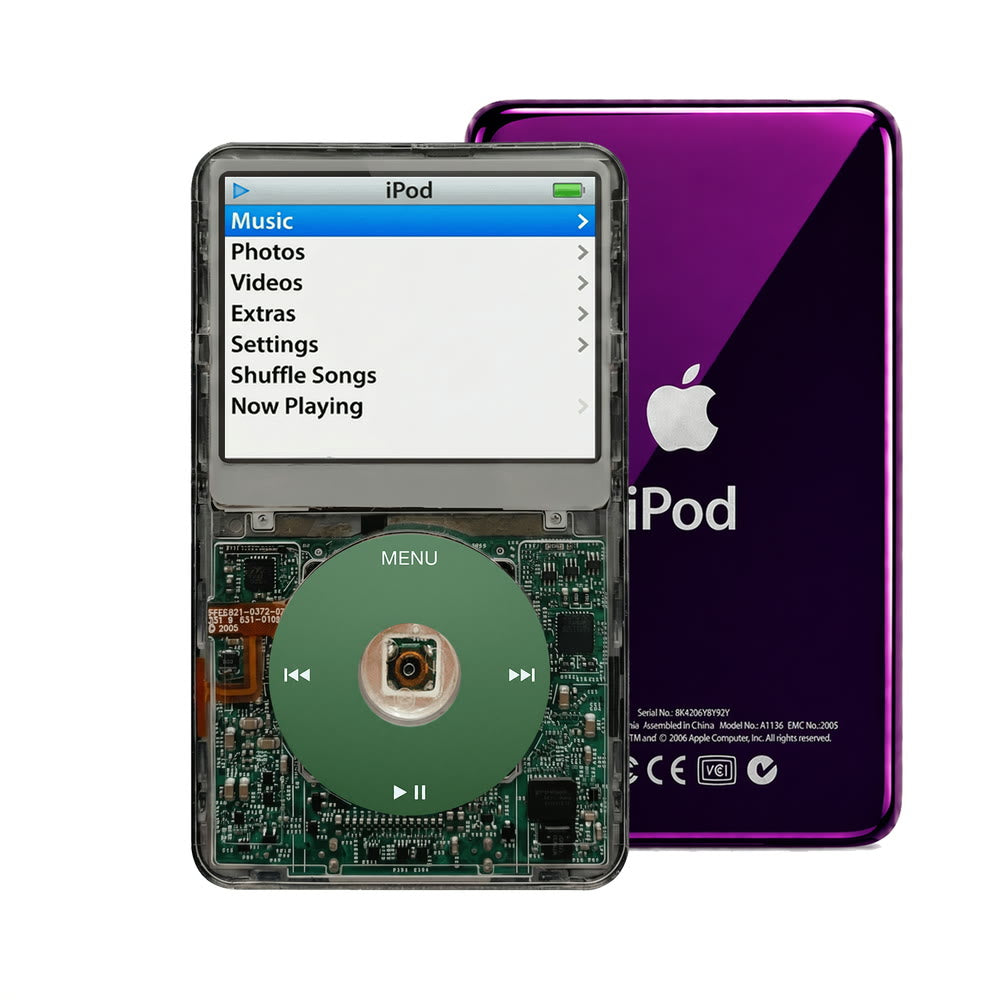 Clear Gray refurbished iPod Video 5.5 Gen with Green click wheel and Purple back plate