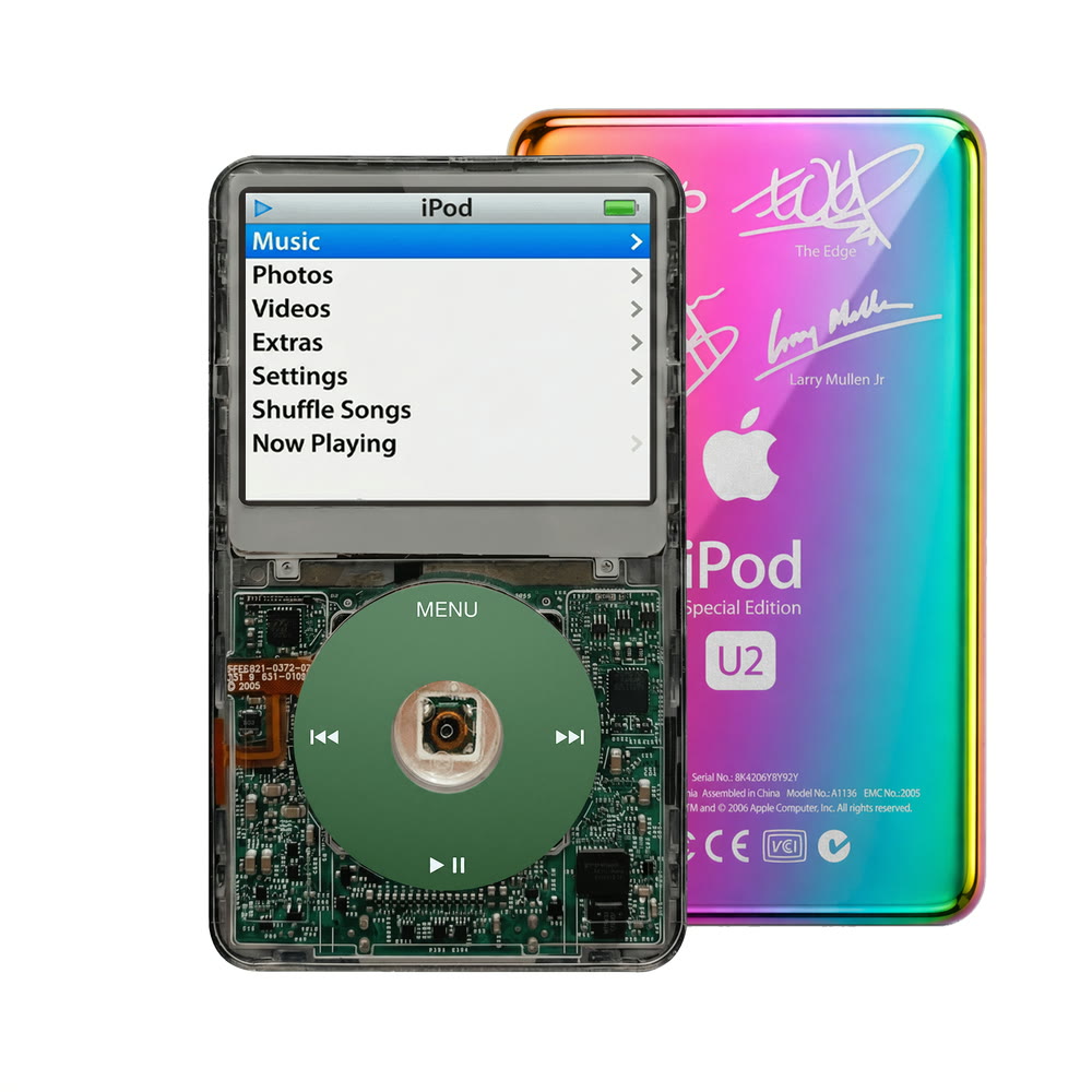 Clear Gray refurbished iPod Video 5.5 Gen with Green click wheel and Rainbow U2 back plate
