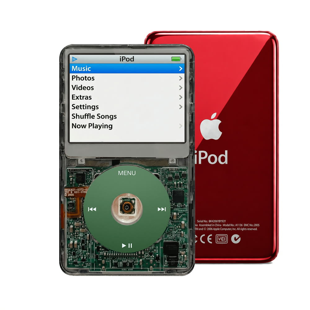 Clear Gray refurbished iPod Video 5.5 Gen with Green click wheel and Red back plate