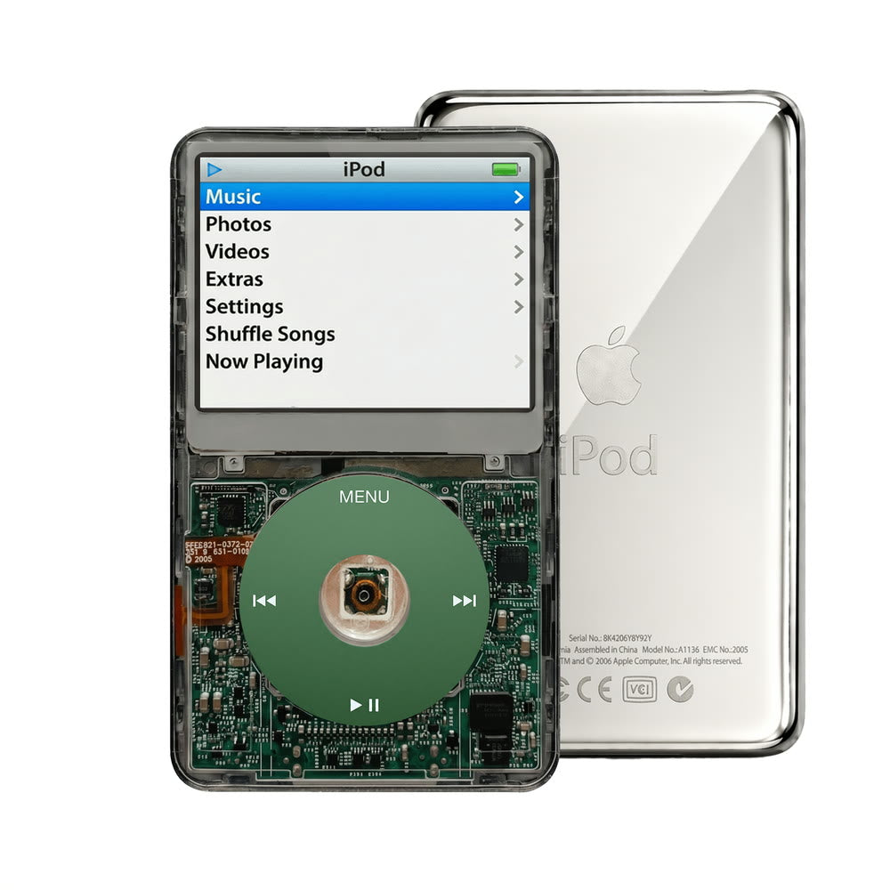 Clear Gray refurbished iPod Video 5.5 Gen with Green click wheel and Silver back plate