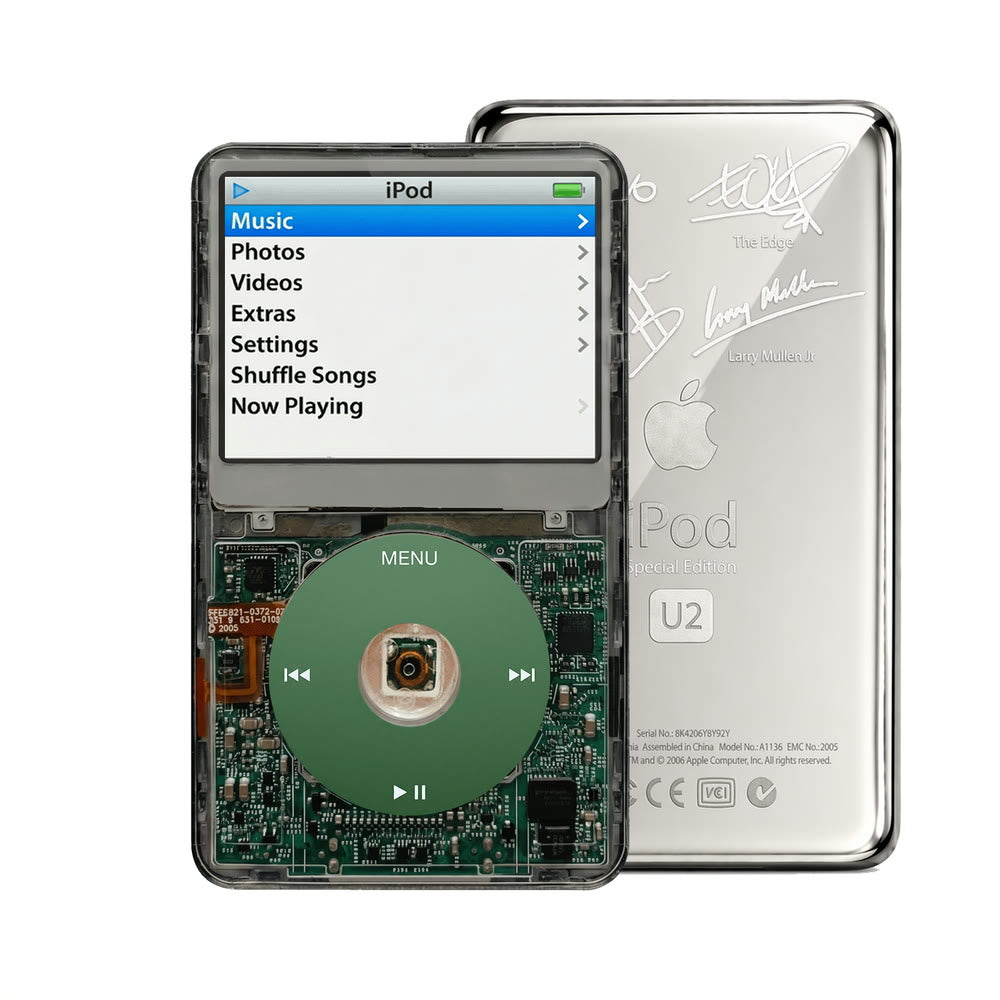 Clear Gray refurbished iPod Video 5.5 Gen with Green click wheel and Silver U2 back plate